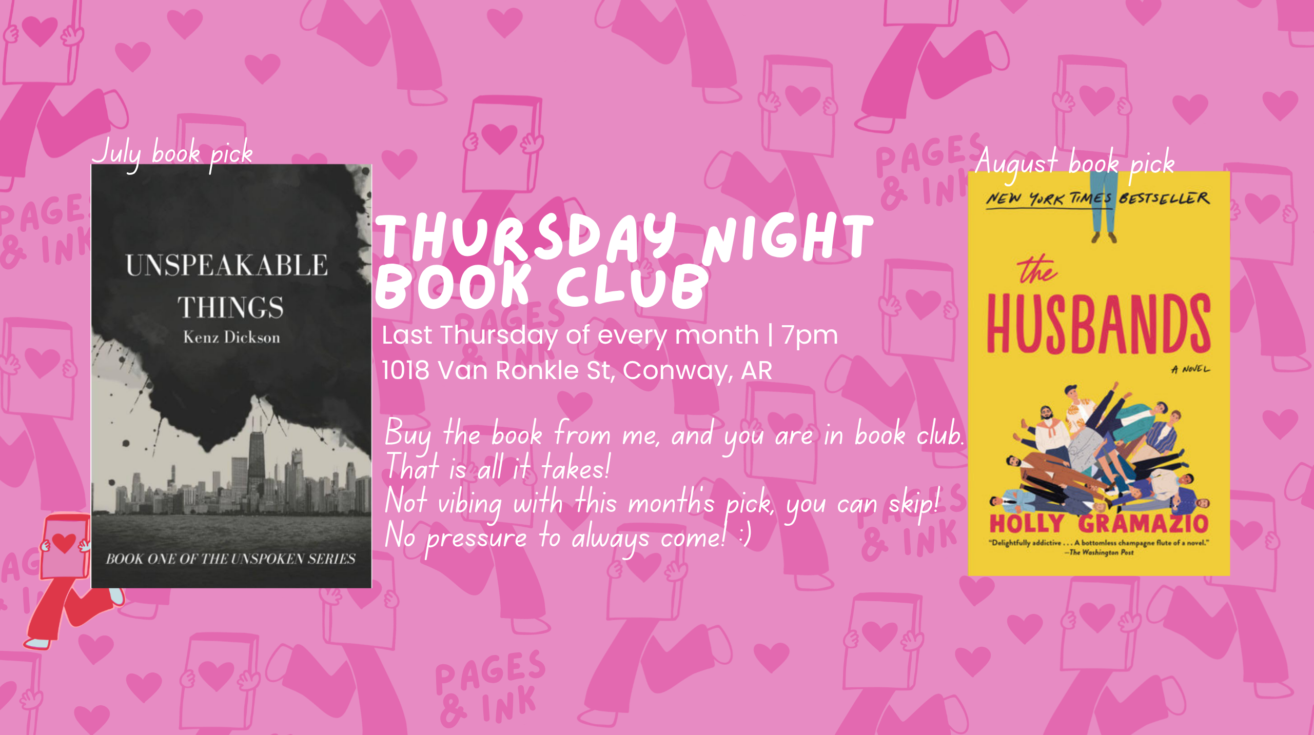 A promotional flyer for a 'Thursday Night Book Club' featuring two book covers: 'Unspoken Things' by Keri Deskinson on the left and 'The Husbands' by Holly Gramazio on the right, set against a pink patterned background with shopping bag icons.