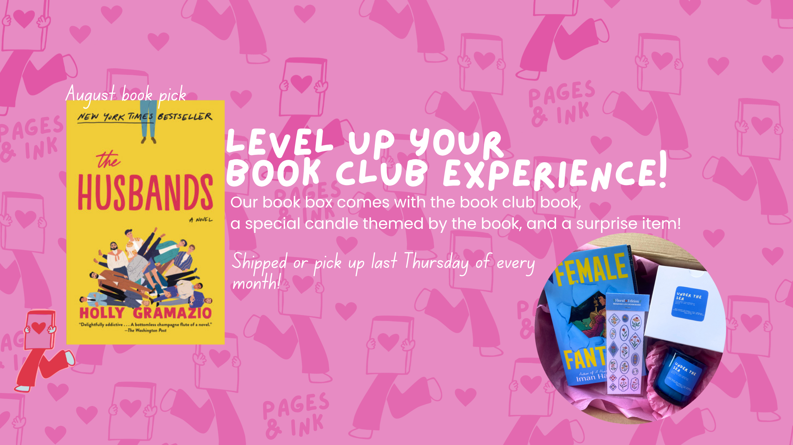 Promotional graphic for a book-themed book club experience, featuring a yellow cover of 'The Husbands' by Holly Gramazio on the left and a book box labeled 'Female Fantasy' on the right, set against a pink patterned background with text describing the monthly experience.