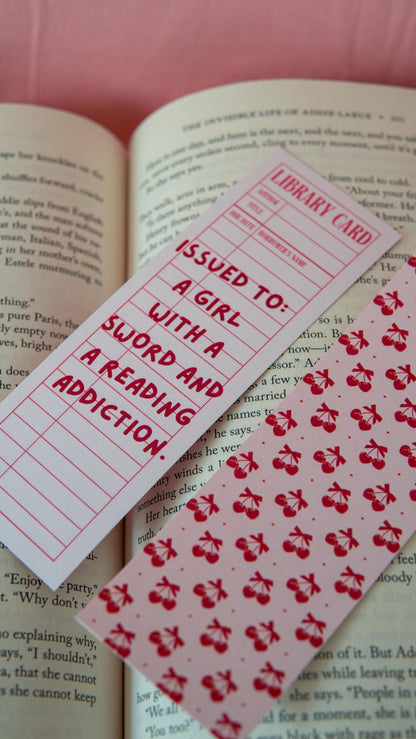 Library Card Bookmark – “Issued to a Girl with a Sword and a Reading Addiction”