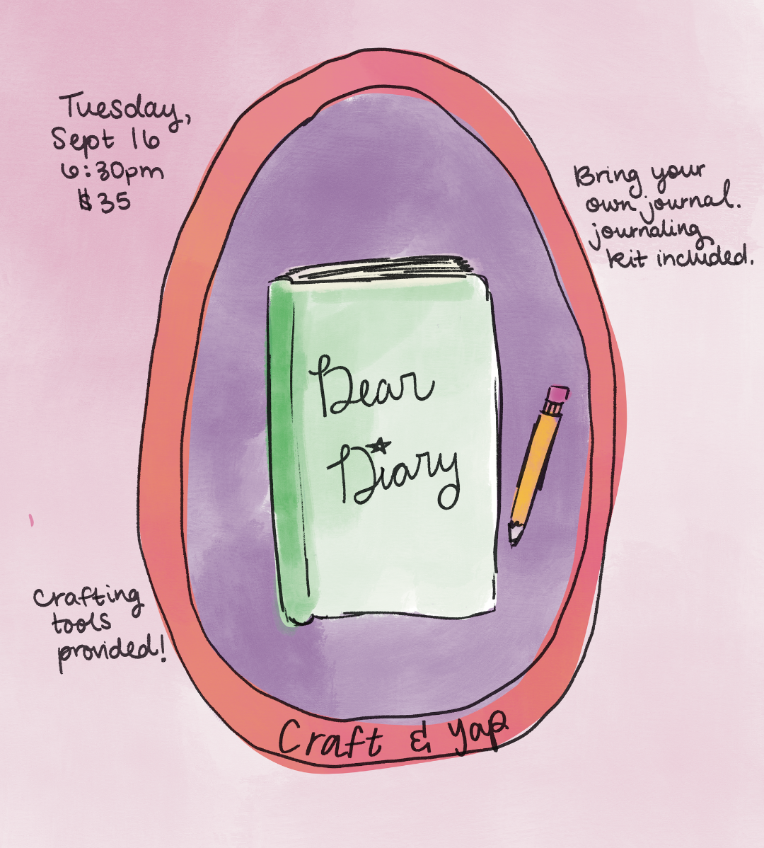 A hand-drawn promotional graphic for a 'Dear Diary' journaling kit by Craft & Yop. The illustration features a pink oval frame containing a light green diary with 'Dear Diary' written on the cover, set against a lavender background with a yellow pencil.