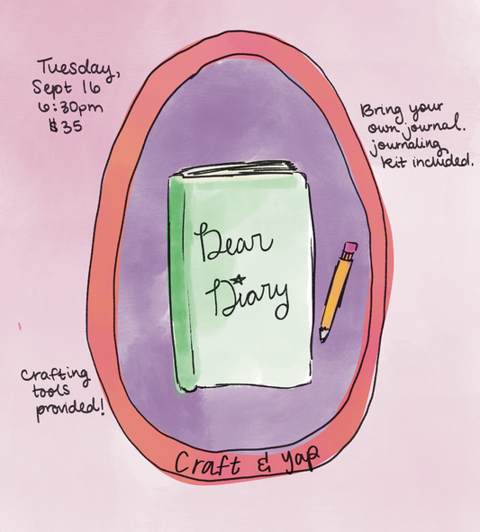 A hand-drawn promotional graphic for a 'Dear Diary' journaling kit by Craft & Yop. The illustration features a pink oval frame containing a light green diary with 'Dear Diary' written on the cover, set against a lavender background with a yellow pencil.