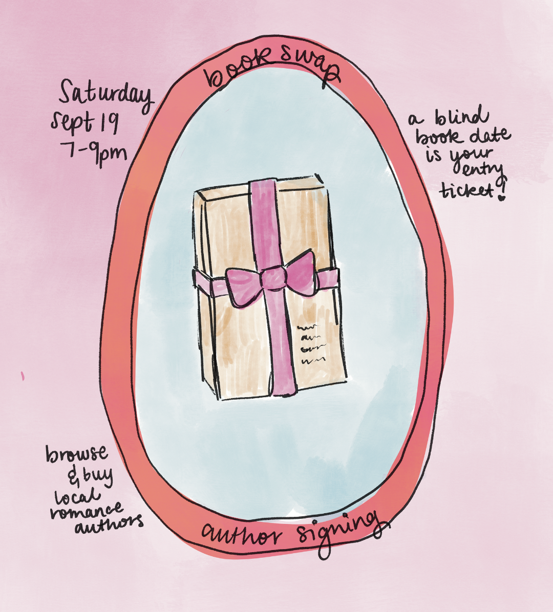 An illustrated promotional graphic on a pink background with a coral oval frame around a watercolor gift box tied with a pink ribbon. Handwritten text around the oval reads 'base swap,' 'a blind date with your fantasy ticket?', 'browse & buy local romance authors,' and 'author signings,' with 'base swap' highlighted in red.