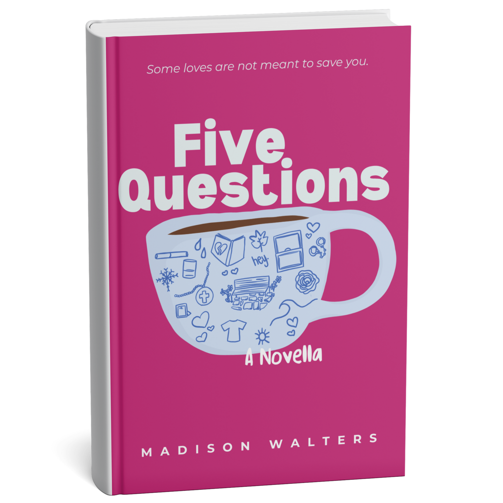 Book titled 'Five Questions' by Madison Walters with a pink cover and white text.