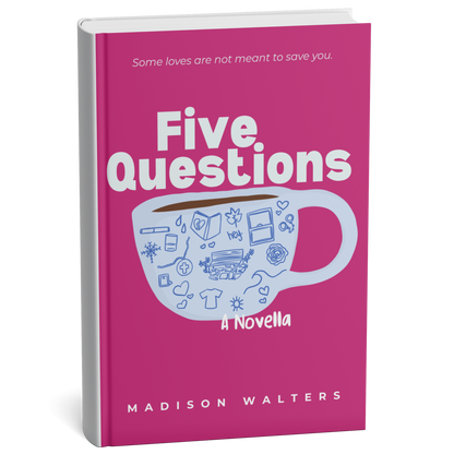 Book titled 'Five Questions' by Madison Walters with a pink cover and white text.