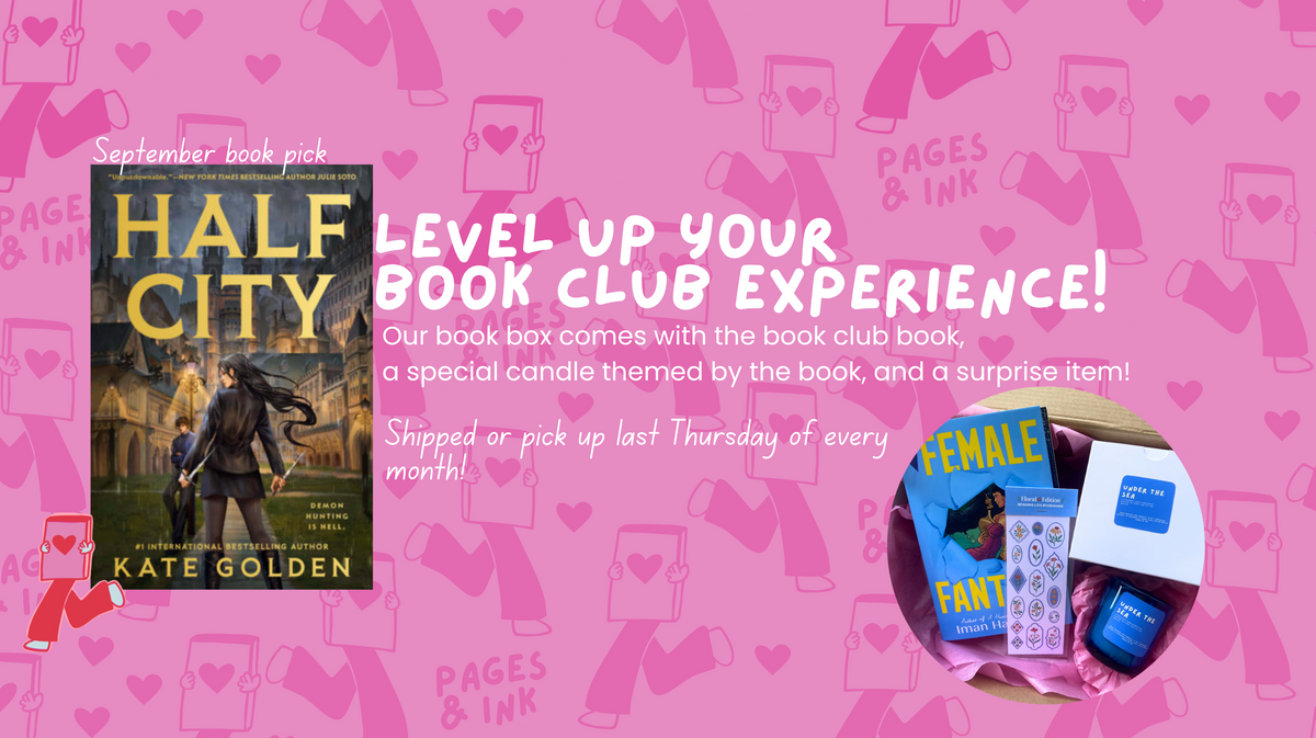 Promotional graphic for a book club experience featuring the book cover of 'Half City' by Kate Golden, with pink background graphics of bookshelves and hearts, and a circular inset showing a book club box with a candle and surprise item.