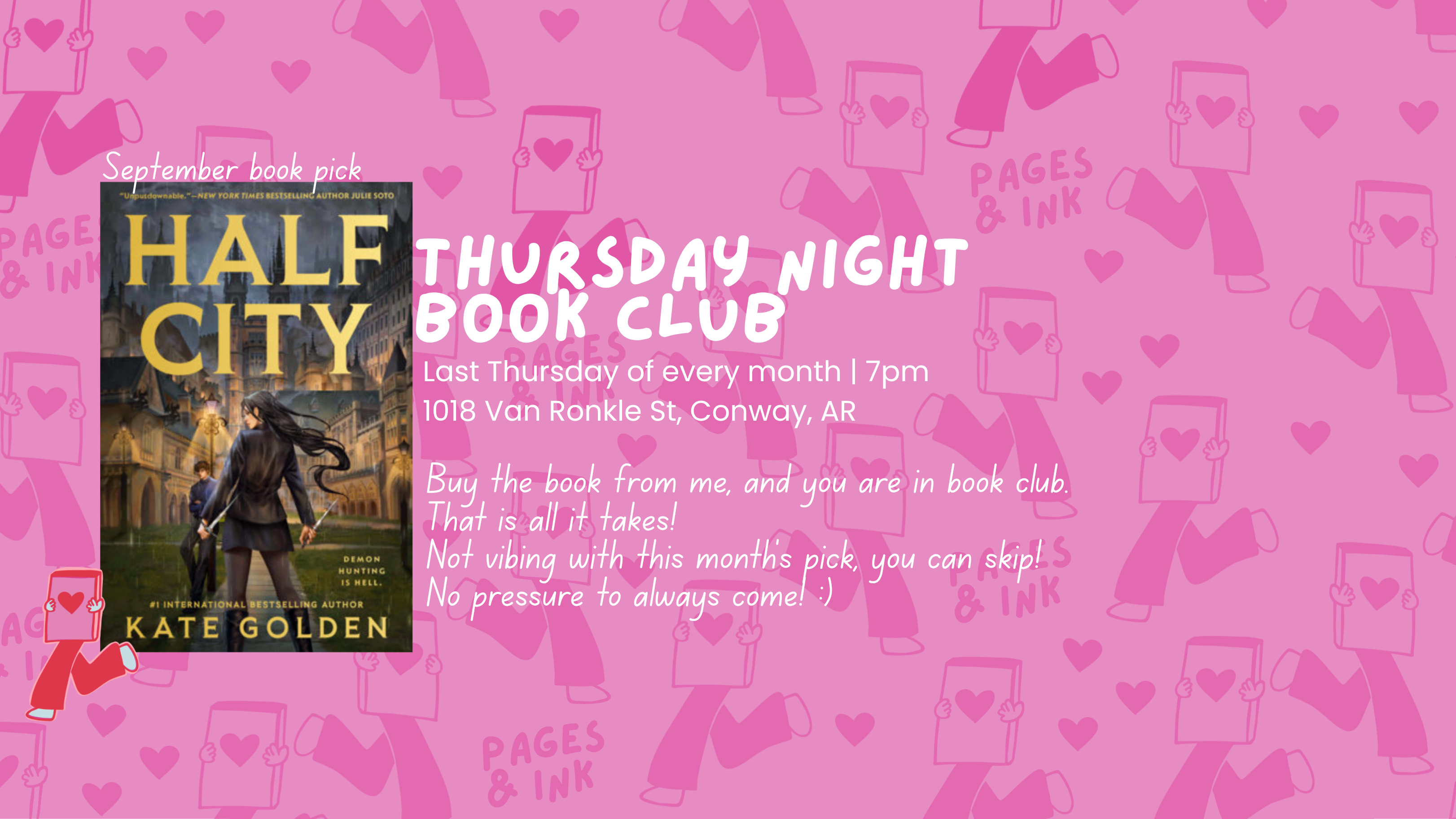 Promotional flyer for 'Half City' book club by Kate Golden. The flyer features the book cover on the left, set against a pink background patterned with pink shirts and hearts, with white text detailing the Thursday night book club schedule and location.